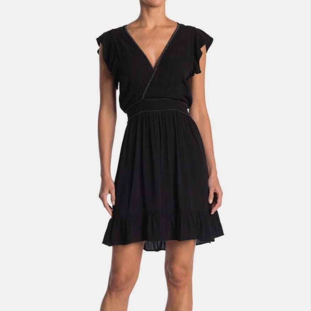 Maaji Black Cap Sleeve Dress Beaded V Neck Surplice Beach Cover Up